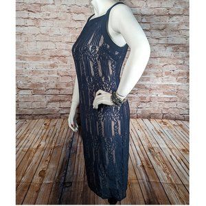 Bleuh Ciel Women’s Illusion Dress Midnight Blue Lace Cream Stretch Sz Medium NWT